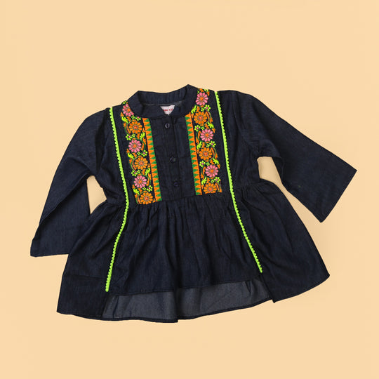 Geometric Denim Top For Girls - Dark Blue
