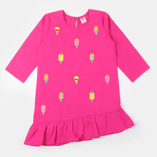 Girls Cotton Embroidered Kurti Ice Cream - Magenta