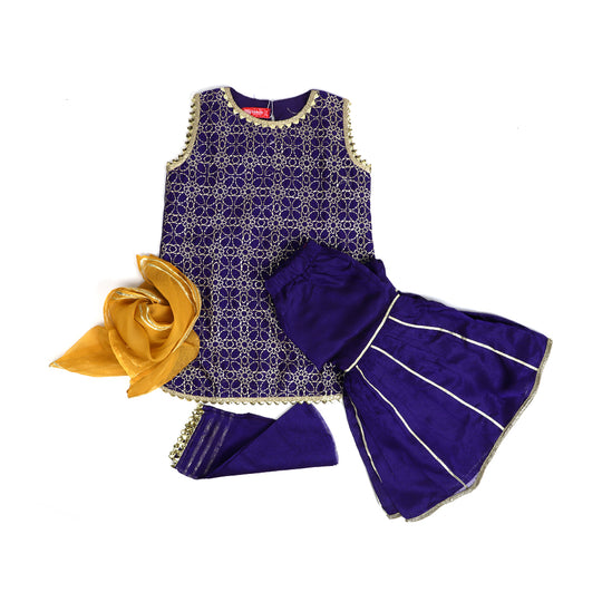 Fancy Eastern Gotta 3 PCs Suit For Girls - Plum (GS-003)