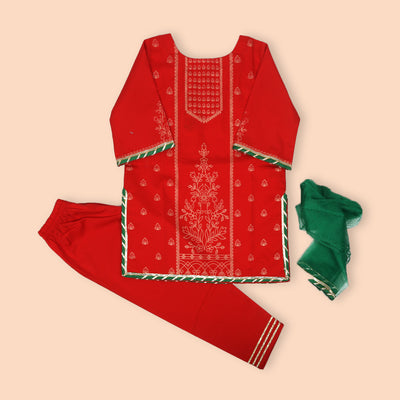 Fancy Screen Print 3 PCs Suit For Girls - Red