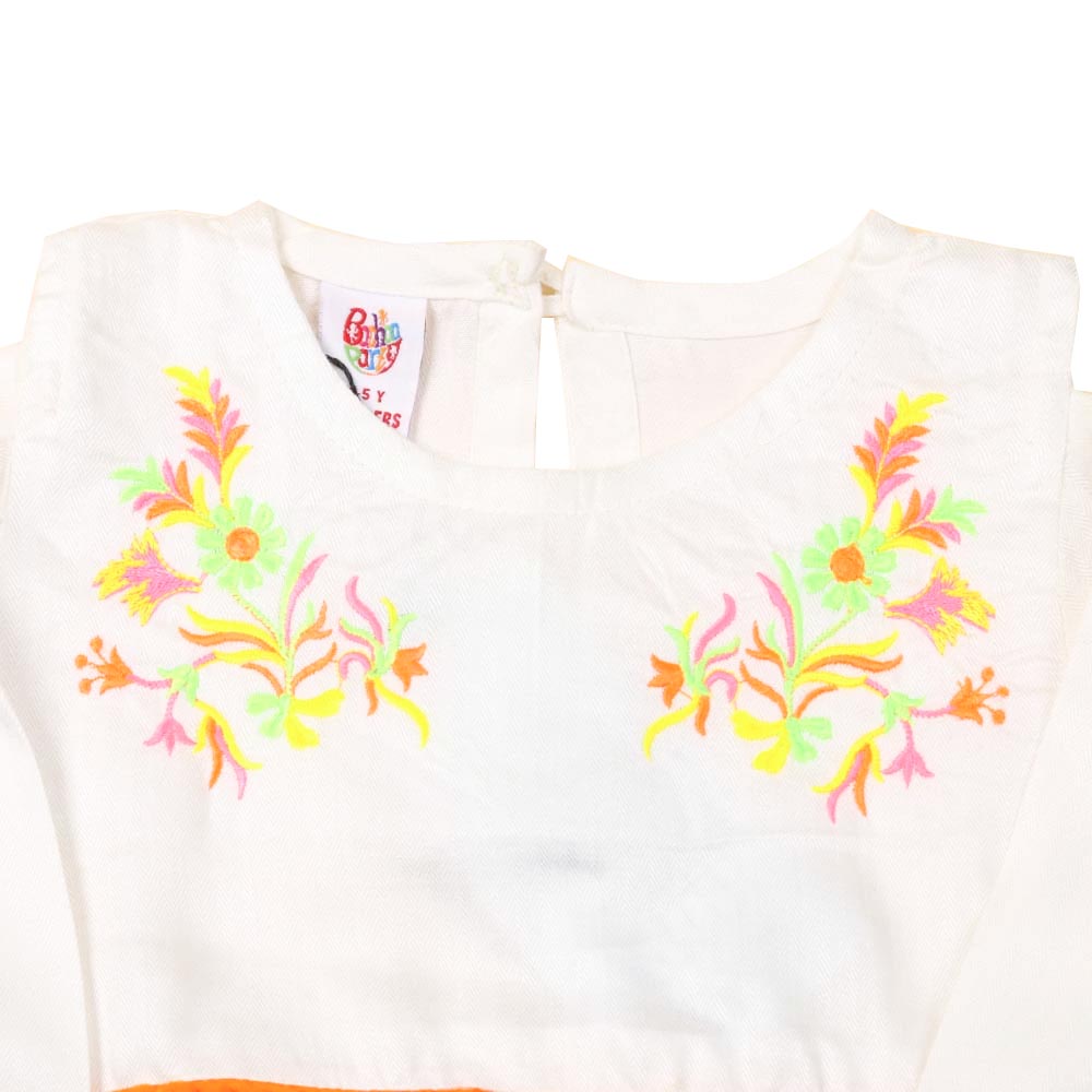 Embroidered Pom Pom Top For Girls - White