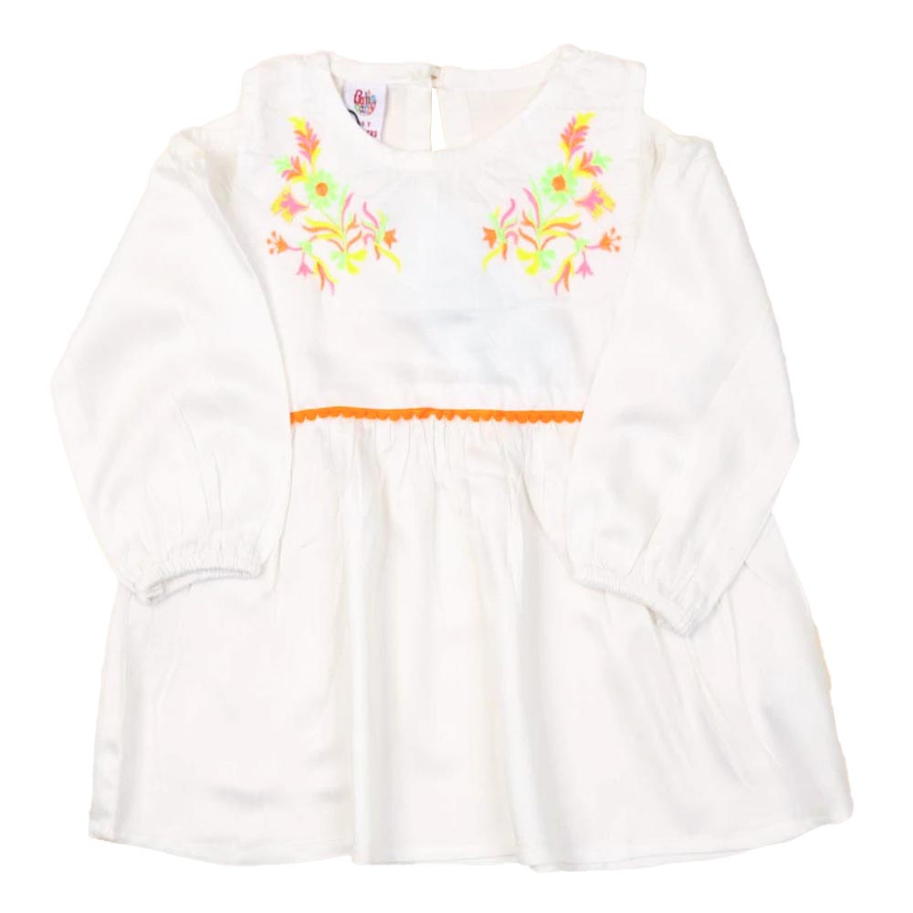 Embroidered Pom Pom Top For Girls - White