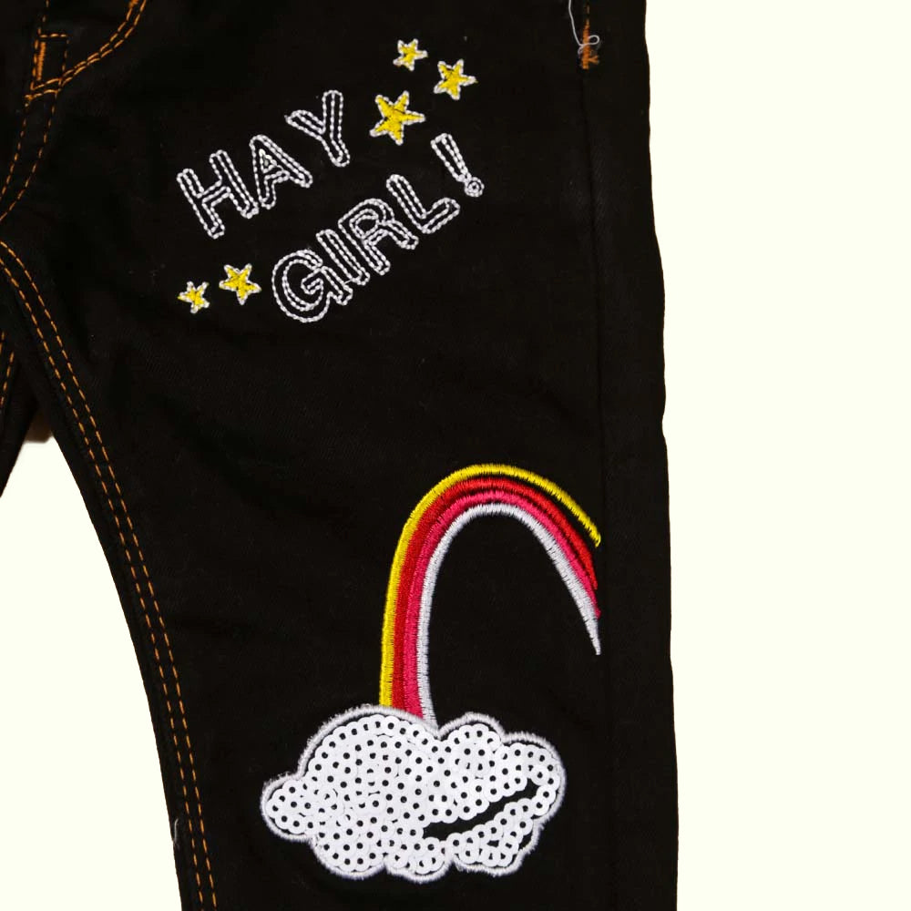 Rainbow Denim Pant For Girls - Black