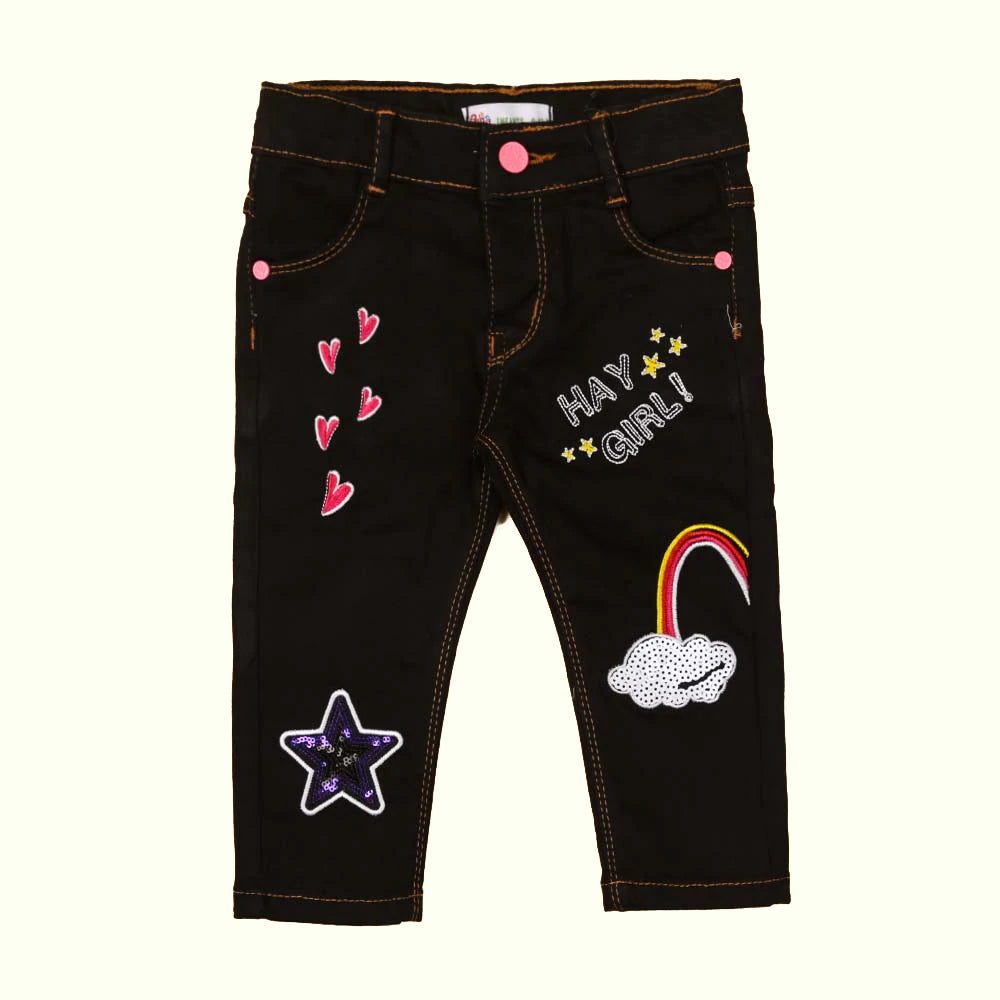 Rainbow Denim Pant For Girls - Black