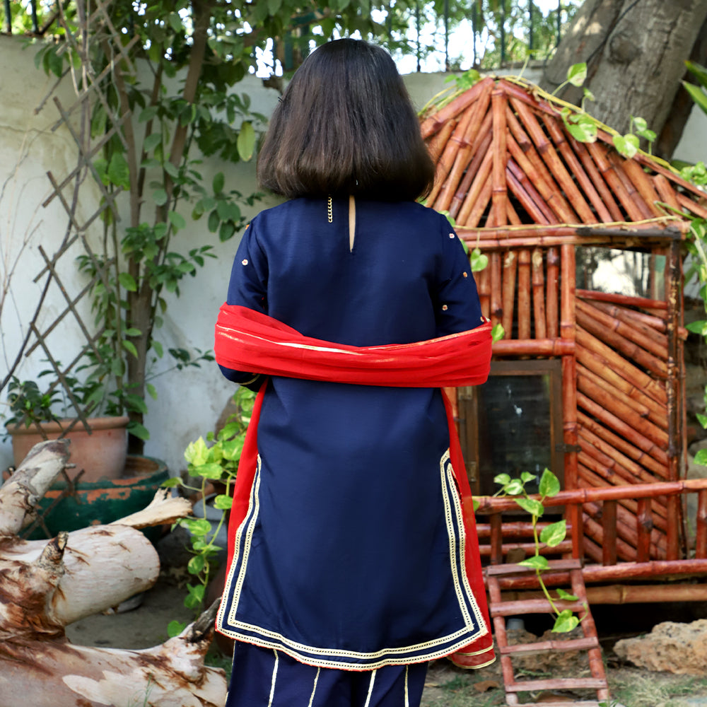 Fancy Eastern 3 PCs Suit For Girls - Navy