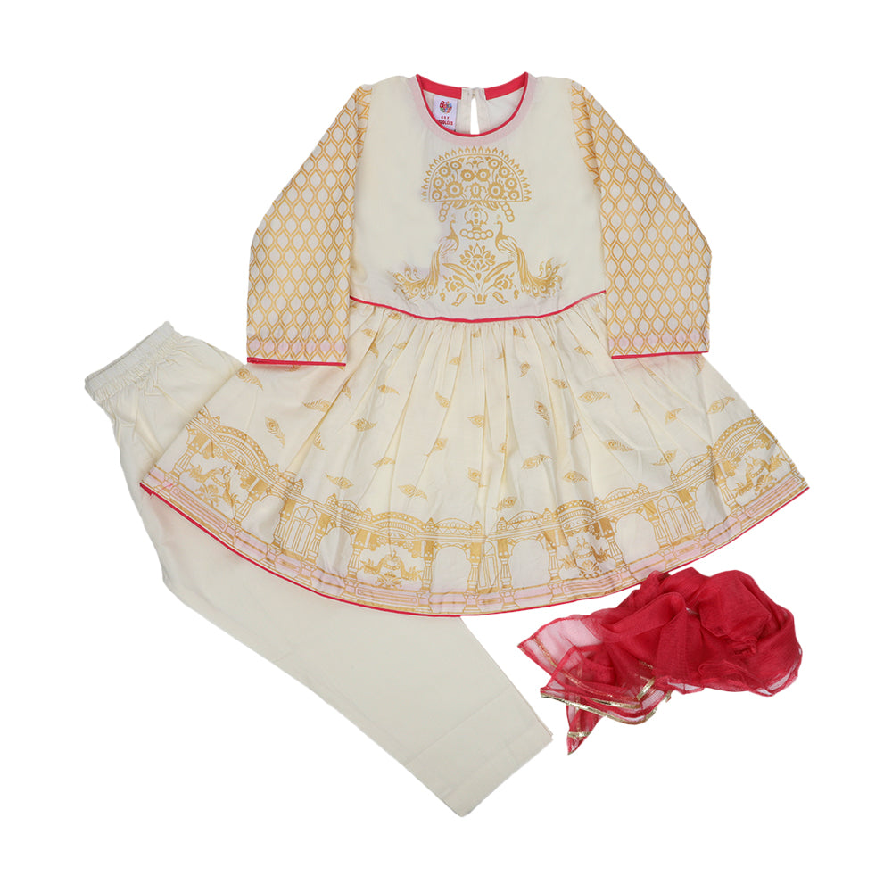 Fancy Screen Print 3 PCs Suit For Girls - Off White (GS-015)