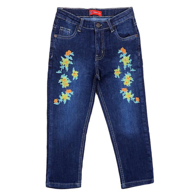 Emb Denim Pant For Girls - Mid Blue