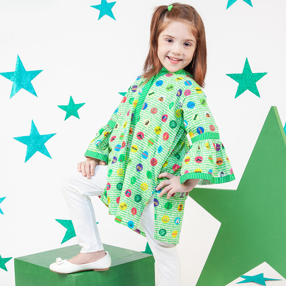 Girls Digital Print Independence Kurti Stamps - Green