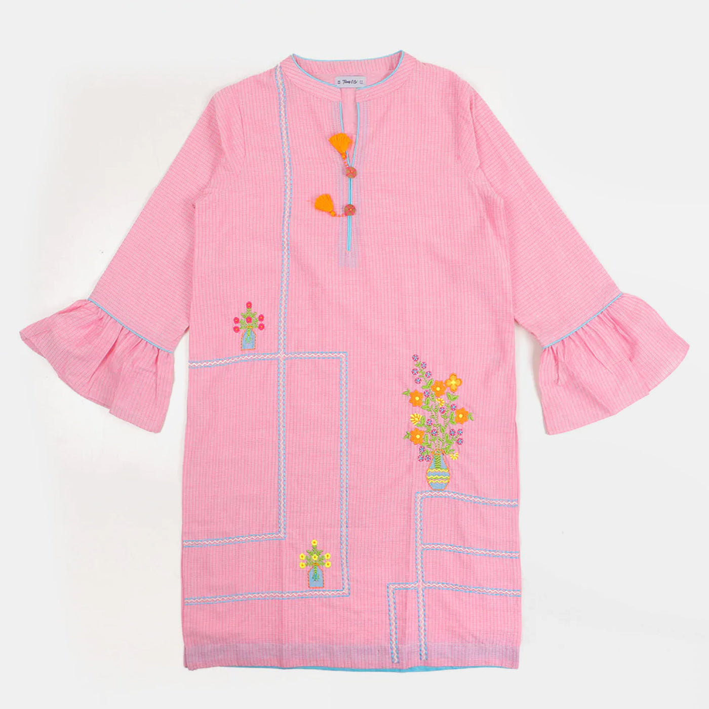 Teens Girls Embroidered Kurti Flower Pots - Pink