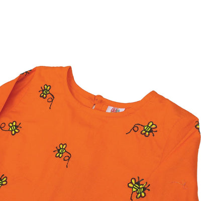 Girls Jacquard Embroidered Kurti Honey Bees - ORANGE
