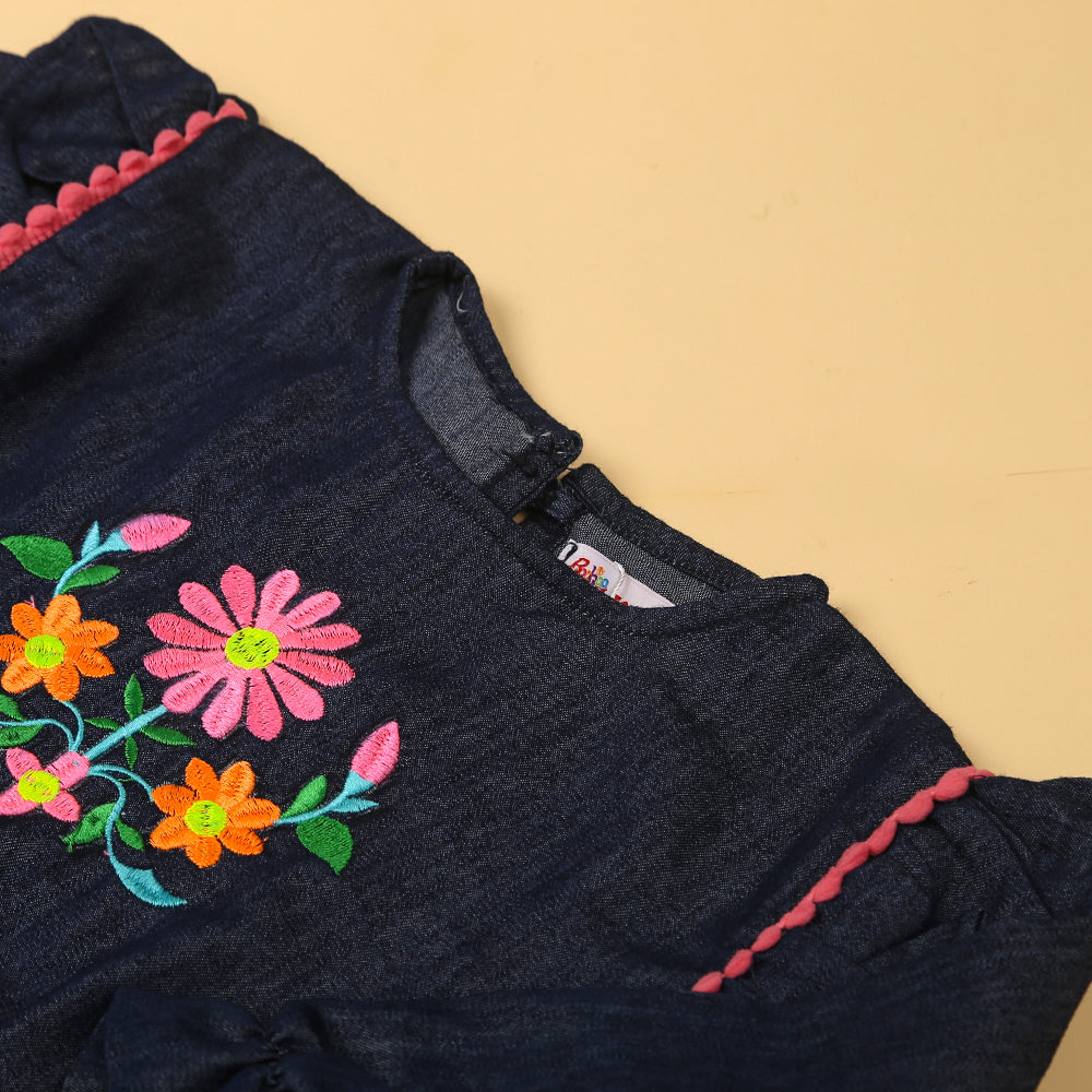 Embroidered Flower Top For Girls - Dark Blue