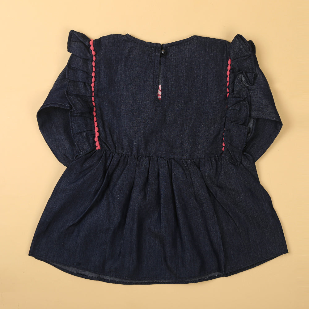 Embroidered Flower Top For Girls - Dark Blue