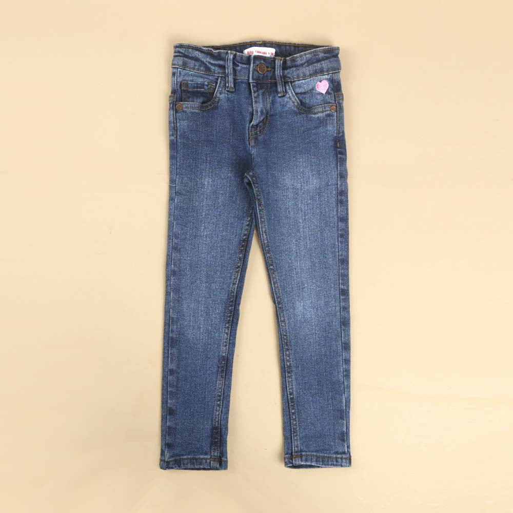 Basic Heart Denim Pant For Girls - Mid Blue