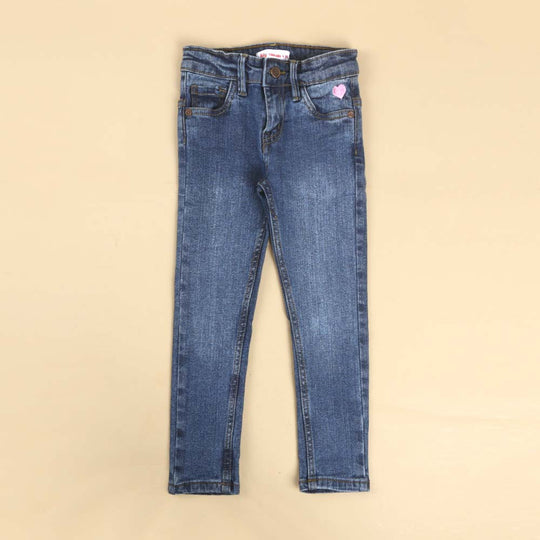 Basic Heart Denim Pant For Girls - Mid Blue