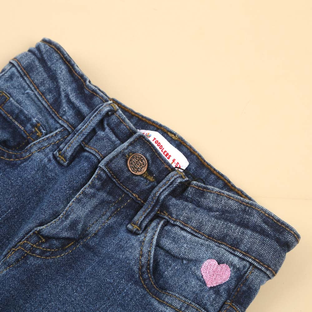 Basic Heart Denim Pant For Girls - Mid Blue