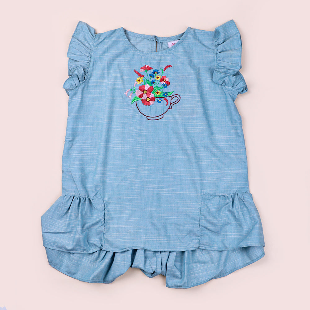 Girls Embroidered Top Flower Cup - Blue