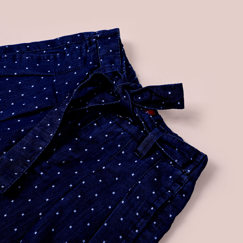 Dots Denim Culotte Pant For Girls - Mid Blue