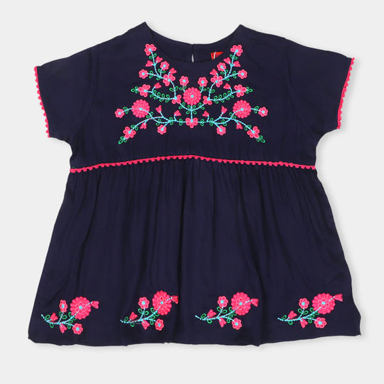 Girls Top Emb Flower -NAVY