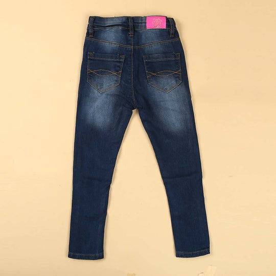 Star Denim Pant For Girls - Mid Blue