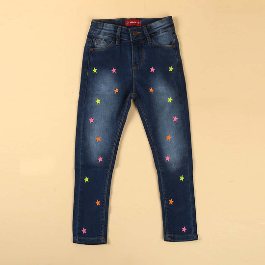 Star Denim Pant For Girls - Mid Blue