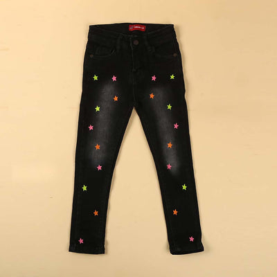 Star Denim Pant For Girls - Black