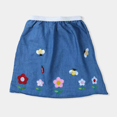 Bee Emb Denim Skirt For Girls - Ice Blue