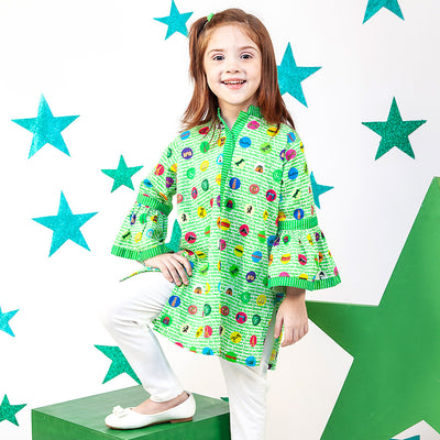 Girls Digital Print Independence Kurti Stamps - Green