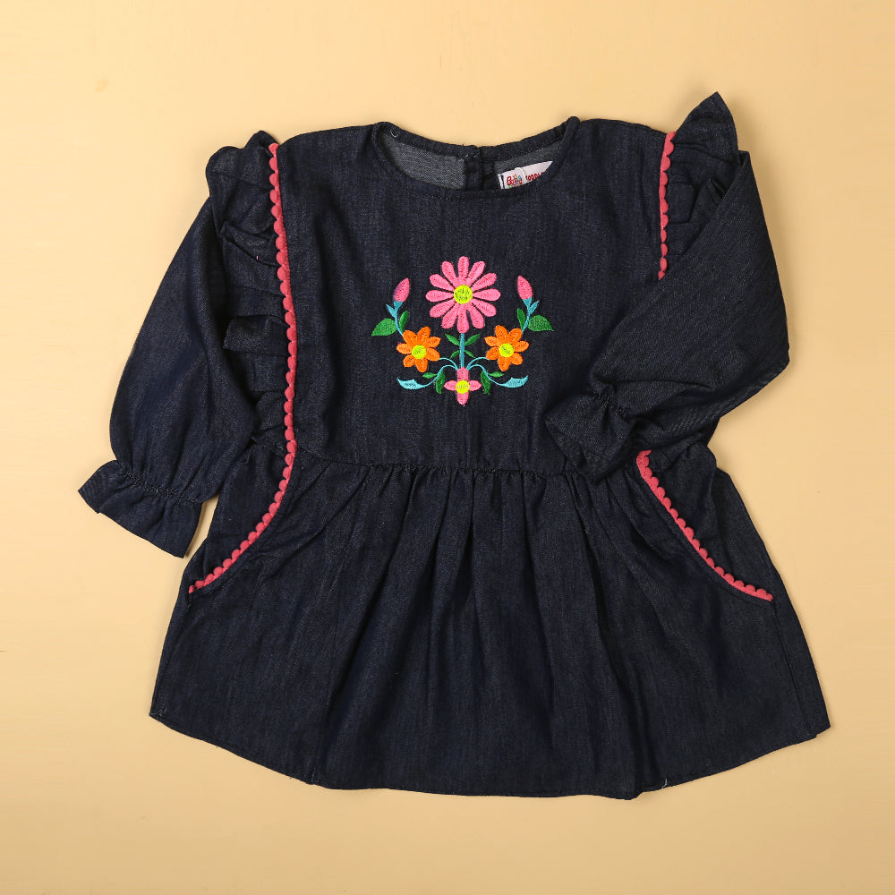 Embroidered Flower Top For Girls - Dark Blue