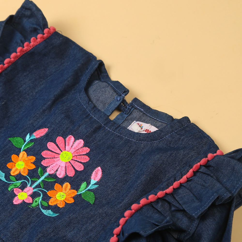 Embroidered Flower Top For Girls - Mid Blue