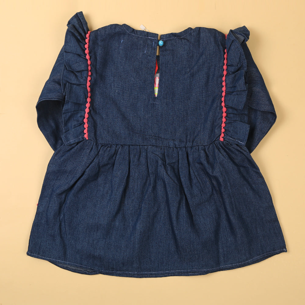 Embroidered Flower Top For Girls - Mid Blue