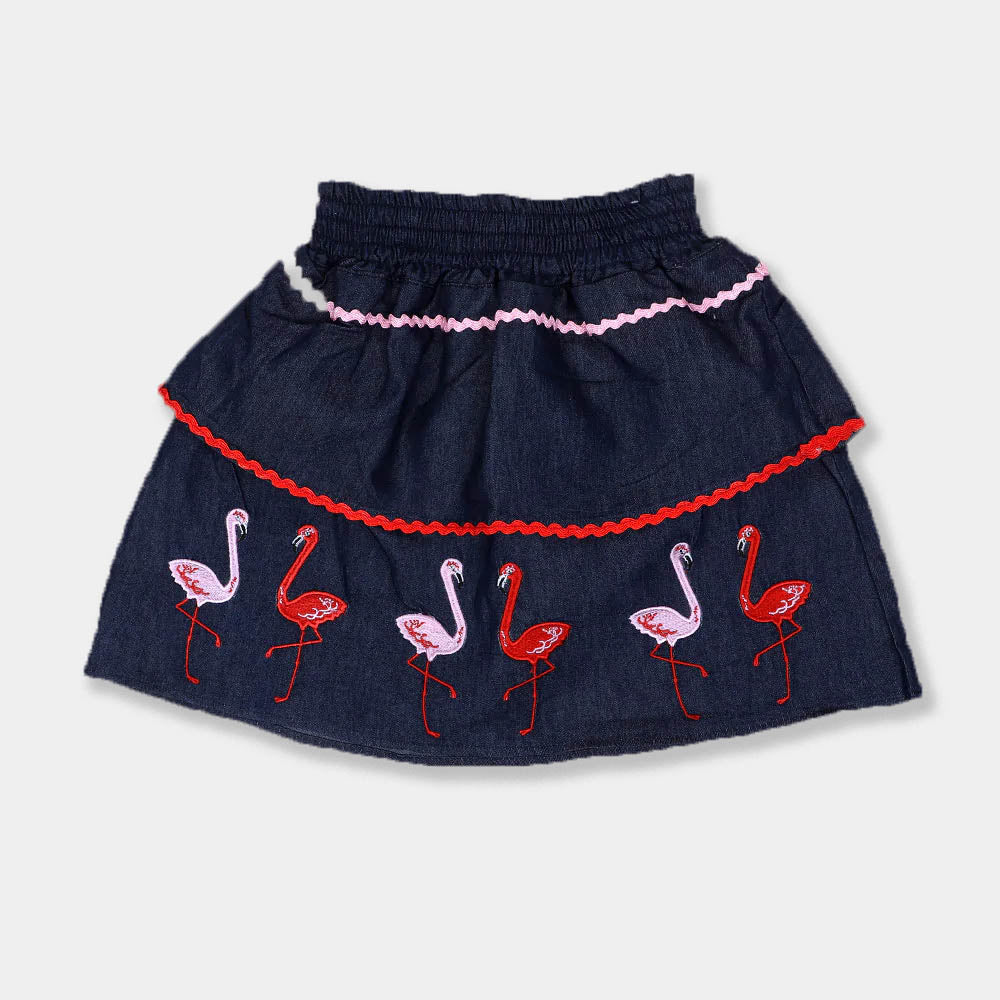 Character Embroidery Denim Skirt For Girls - Dark Blue