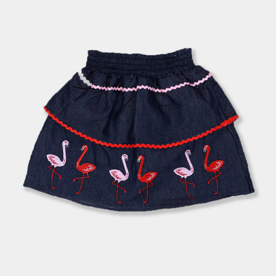 Character Embroidery Denim Skirt For Girls - Dark Blue