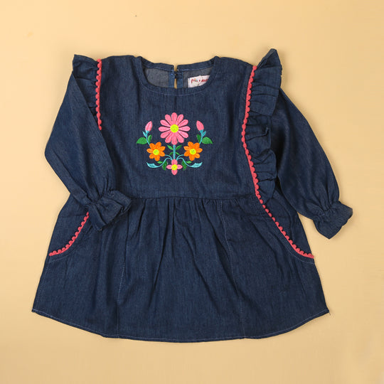 Embroidered Flower Top For Girls - Mid Blue