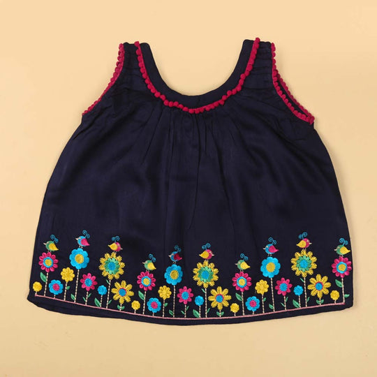 Embroidered Top For Girls - Navy