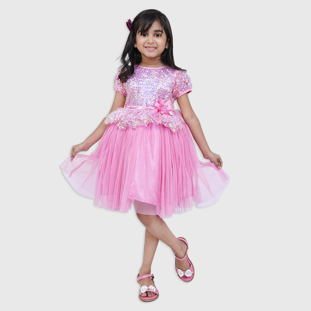 Girls Fancy Frock Sequence Flower - Pink