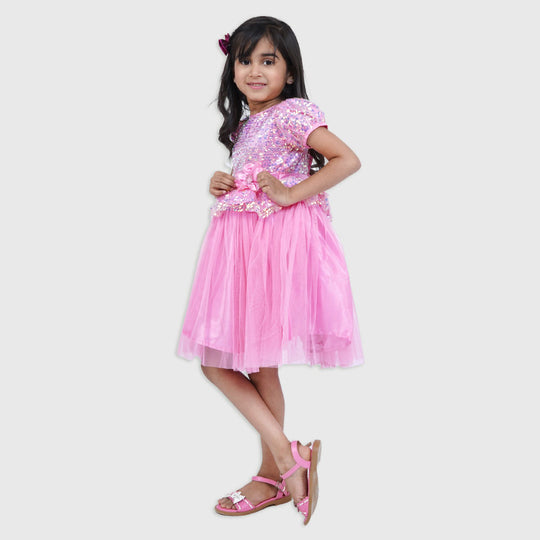 Girls Fancy Frock Sequence Flower - Pink