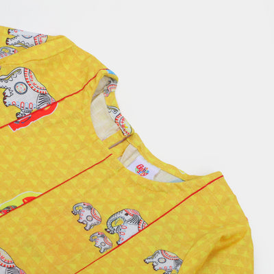 Girls Digital Printed Kurti Elephant Family - Yellow