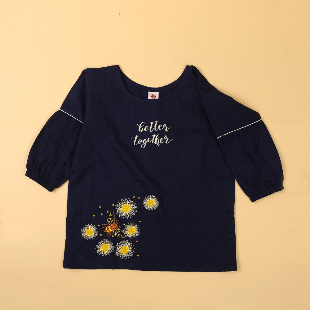 Embroidered Top For Girls - Navy