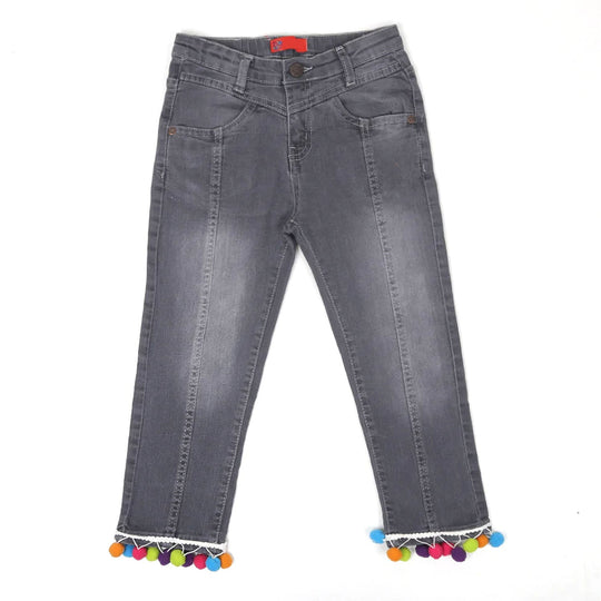 Girls Pant Denim Hem Pompom Lace - Dark Grey