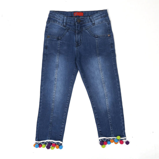 Girls Pant Denim Hem Pompom Lace - Mid Blue