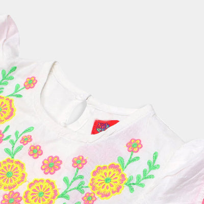 Girls Top Embroidered Flower - White