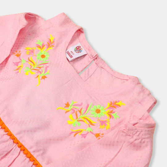 Embroidered Pom Pom Top For Girls - Pink