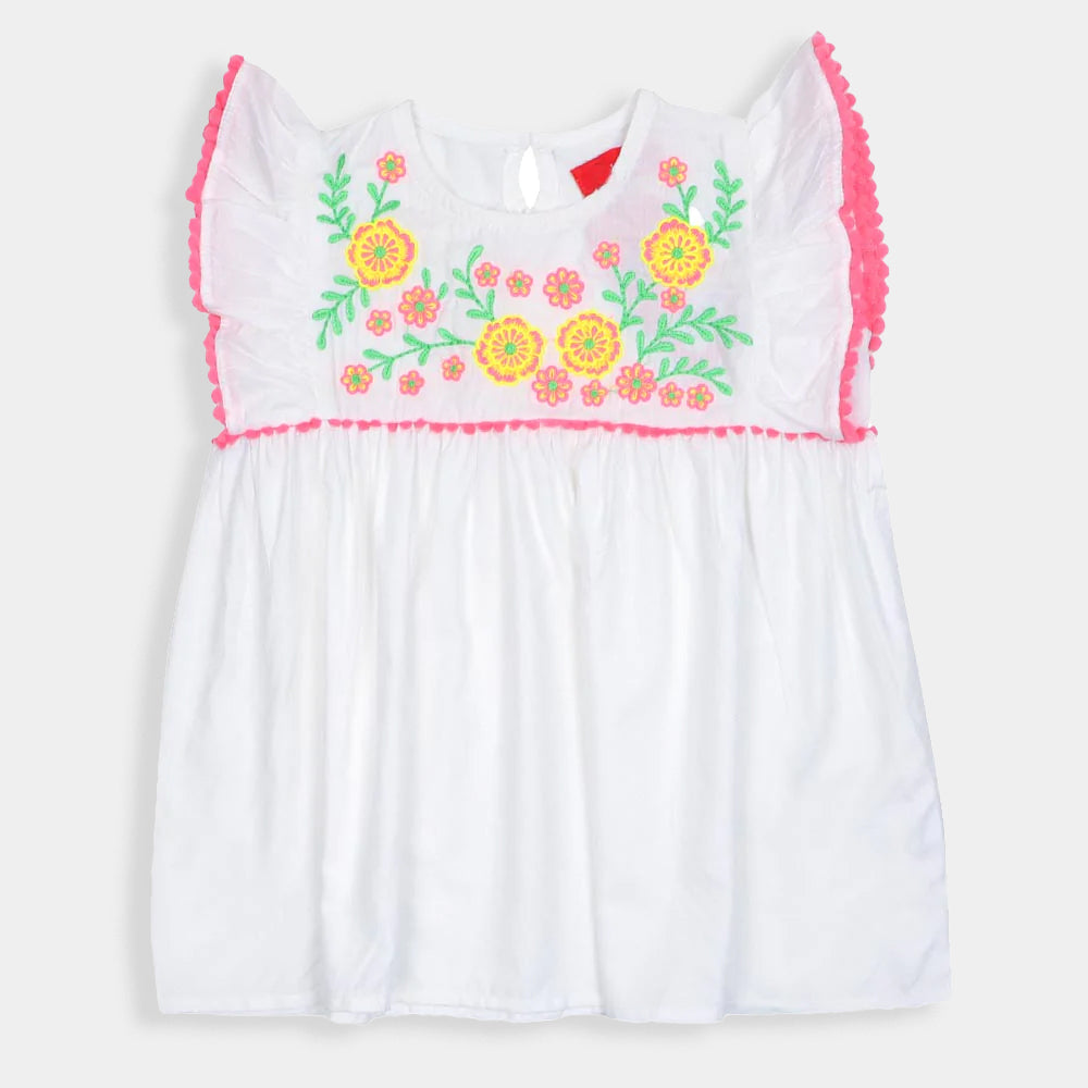 Girls Top Embroidered Flower - White