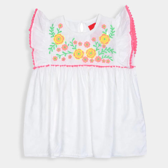 Girls Top Embroidered Flower - White