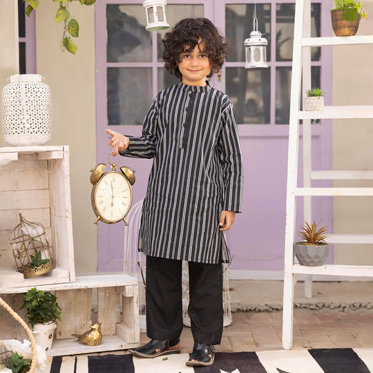 Boys Cotton Digital Print Kurta | BLACK