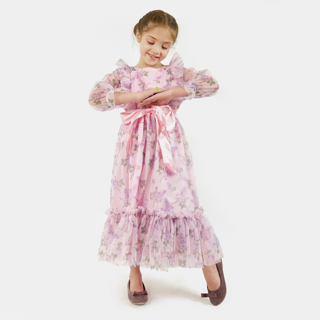 Girls Long Dress Printed Net - Pink