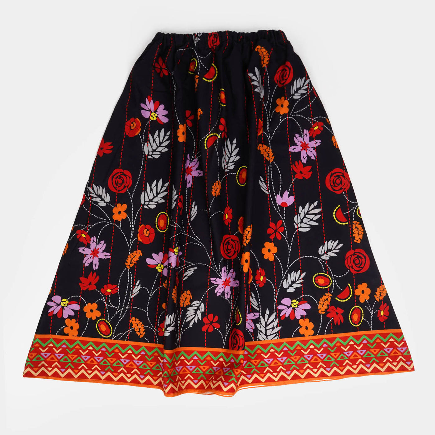 Girls Digital Print Cotton Long Skirt Leafy - Black