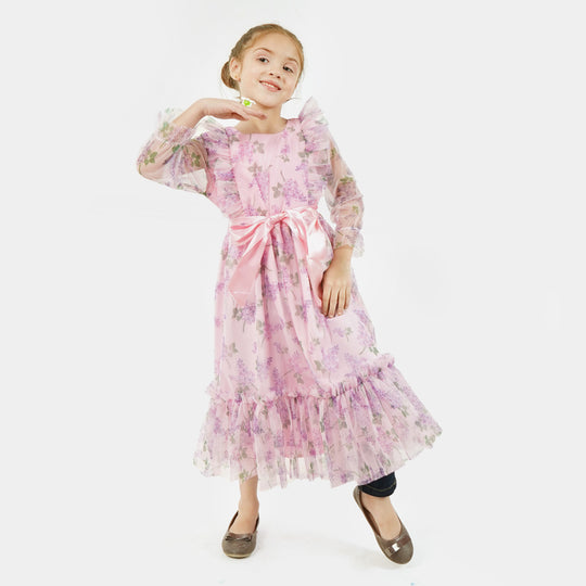 Girls Long Dress Printed Net - Pink