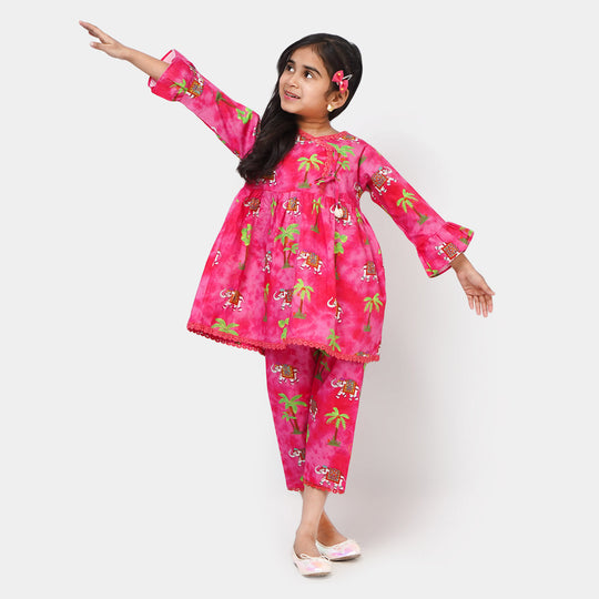 Girls Cotton Digital Print 2Pcs Suit Jungle Elephant - H.Pink