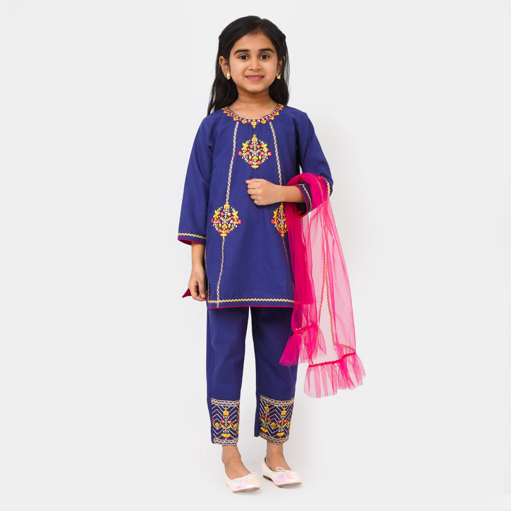 Girls Jacquard Rang Raiz 3Pcs Suit - Navy Blue